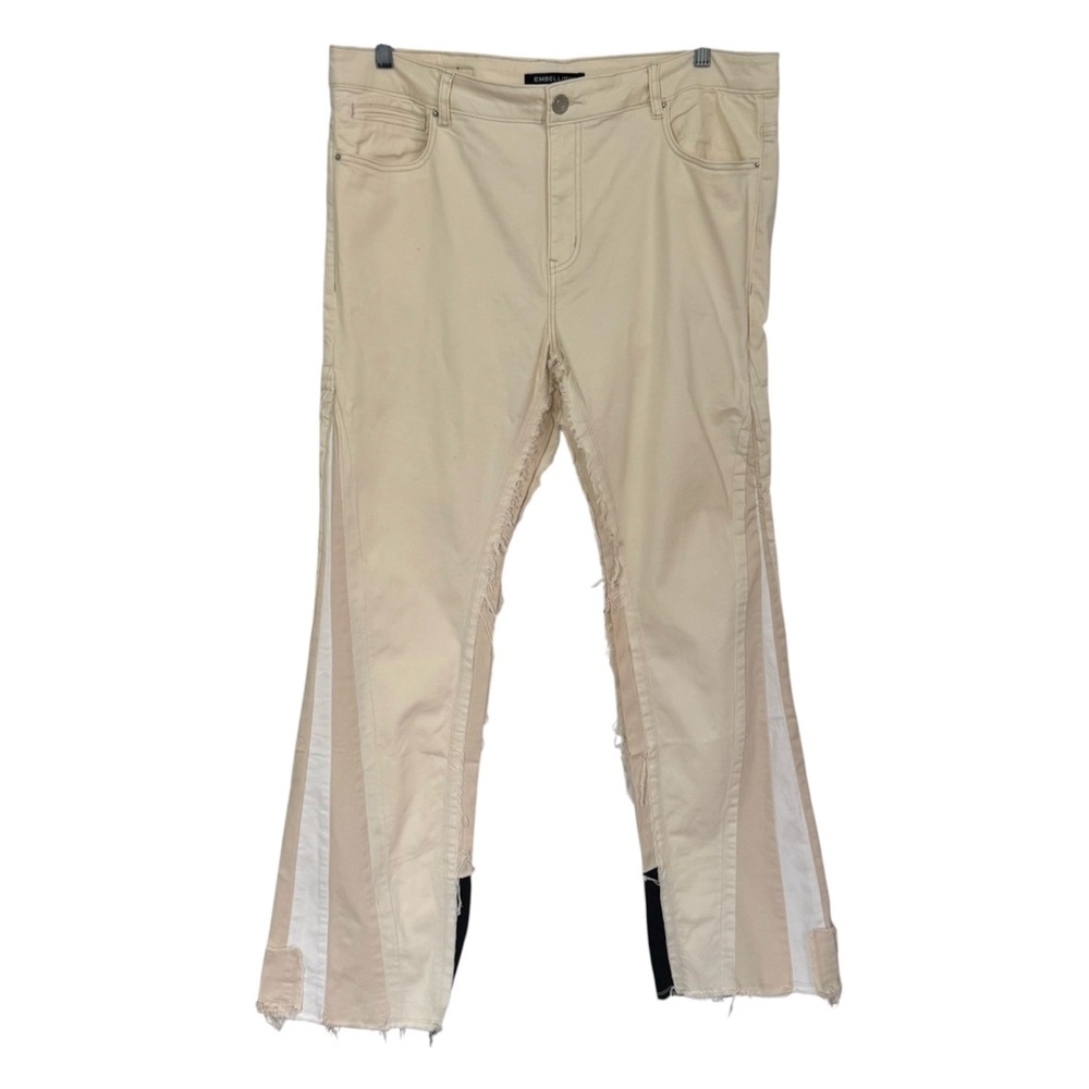 Embellish Men's Beige Raw Hem Flared Patched Jeans Size 40 New